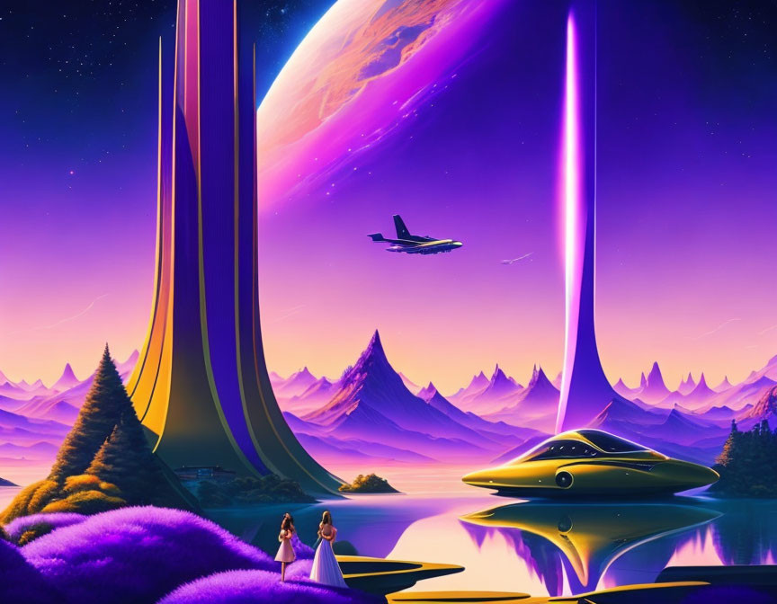 Futuristic sci-fi landscape with towering structures, plane, car, people, purple foliage, mountains