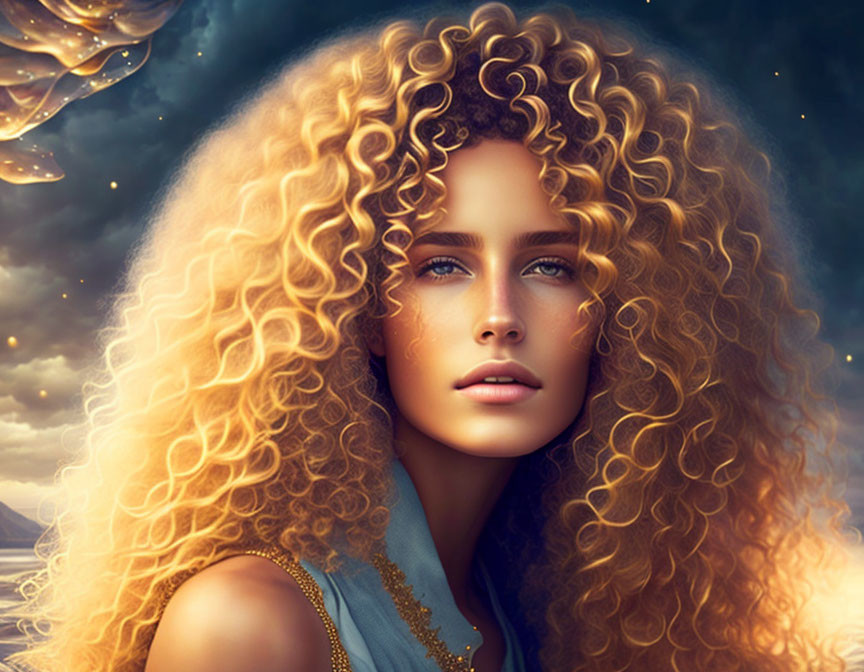 Blonde woman with curly hair and blue eyes in fantasy portrait