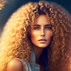 Blonde woman with curly hair and blue eyes in fantasy portrait