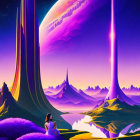 Futuristic sci-fi landscape with towering structures, plane, car, people, purple foliage, mountains