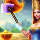 Fantasy artwork: Woman with fiery hair and magical feather duster, golden crown on water.