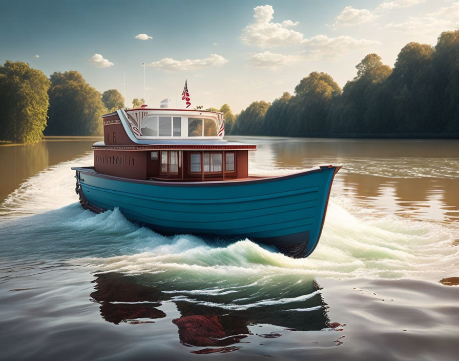 Vintage Blue Boat with White Superstructure Sailing on Calm River