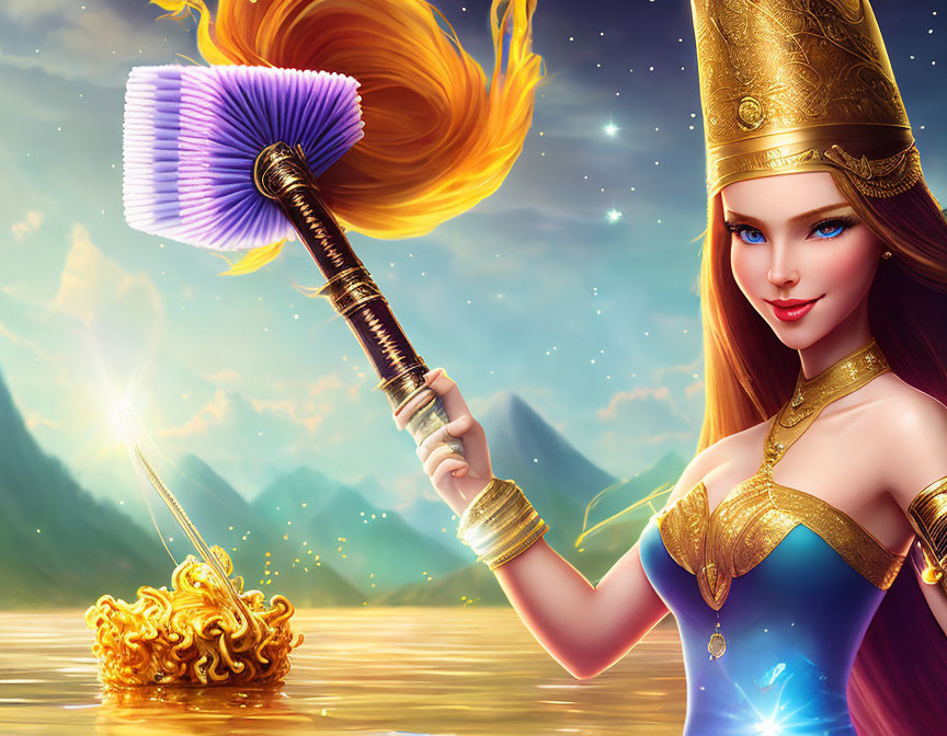 Fantasy artwork: Woman with fiery hair and magical feather duster, golden crown on water.