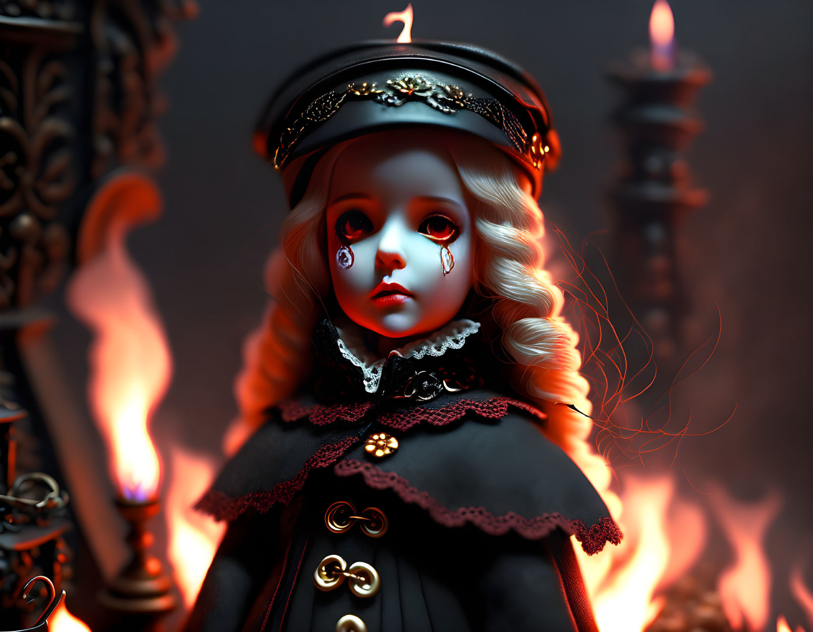 Porcelain doll in black Victorian attire with tear-streaked face, set in candlelit ambiance