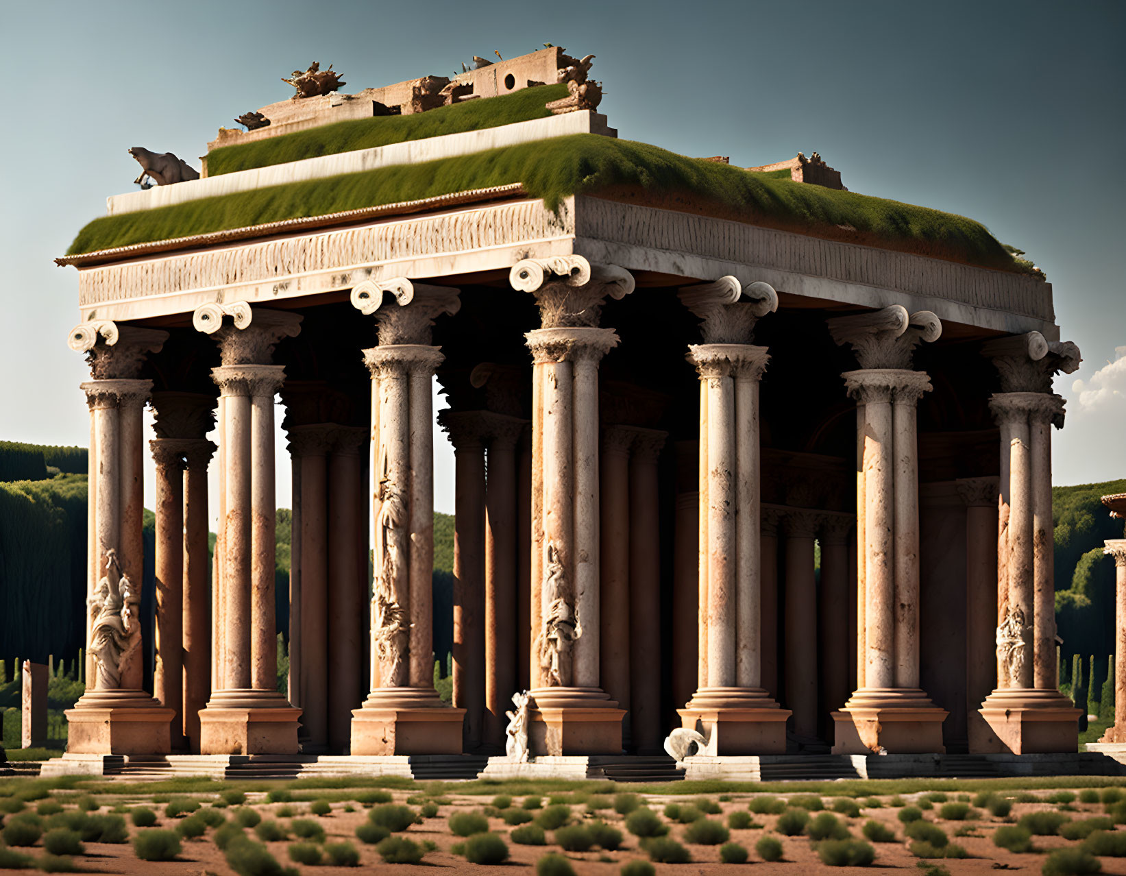 Ancient Greek temple with Corinthian columns surrounded by overgrown grass and trimmed hedges under clear sky