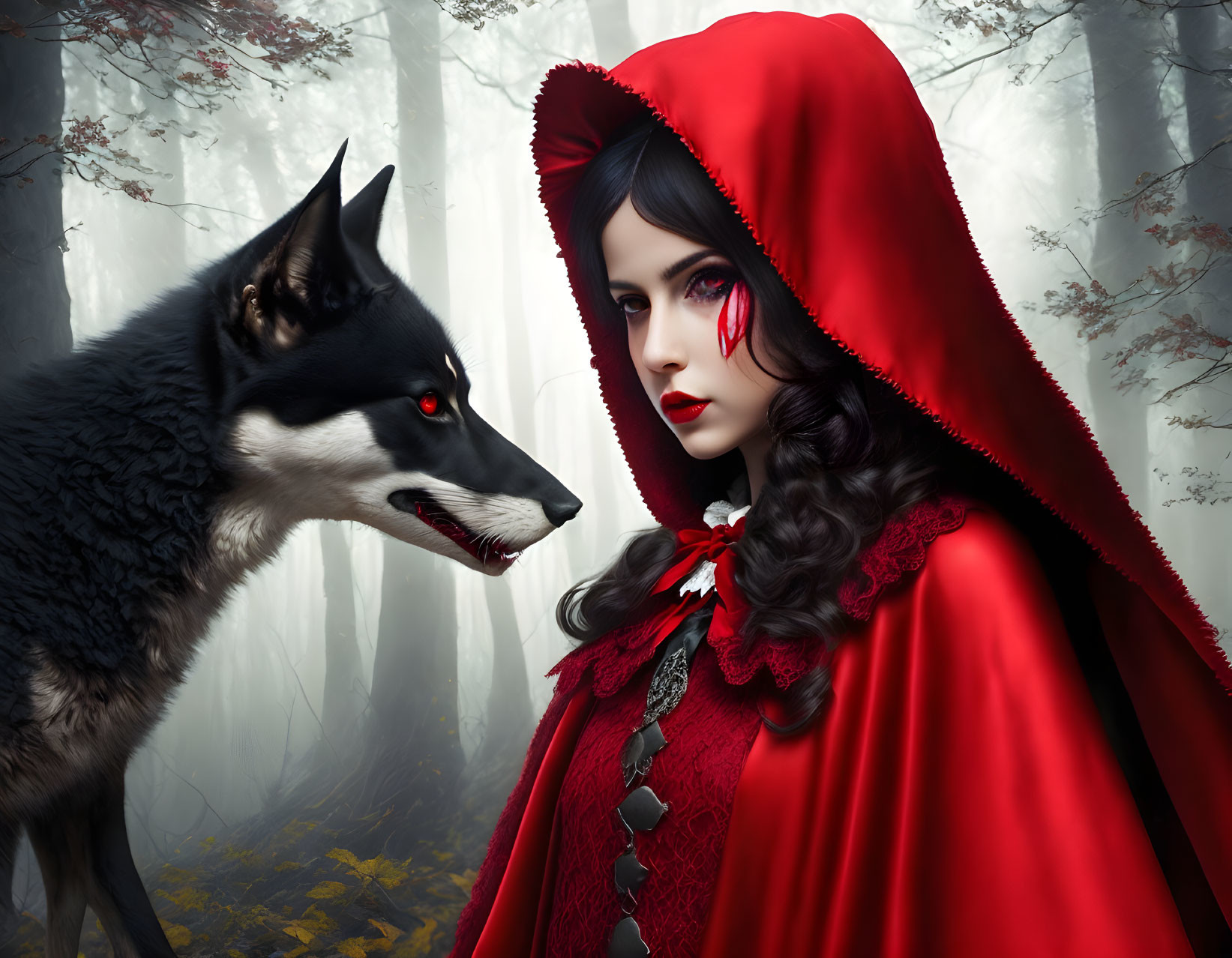 Mystical forest scene: Woman in red cloak encounters wolf