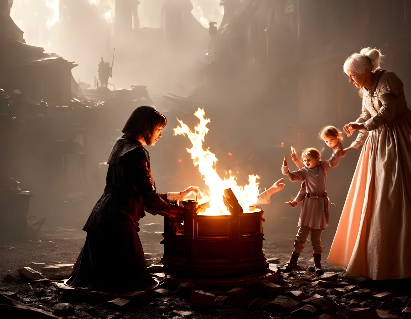 Historical scene: Group by fire in ruins with woman and child.