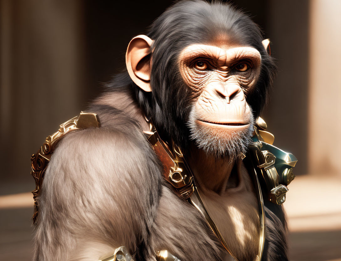 Detailed 3D rendering of thoughtful chimpanzee with gold jewelry in sunlit scene