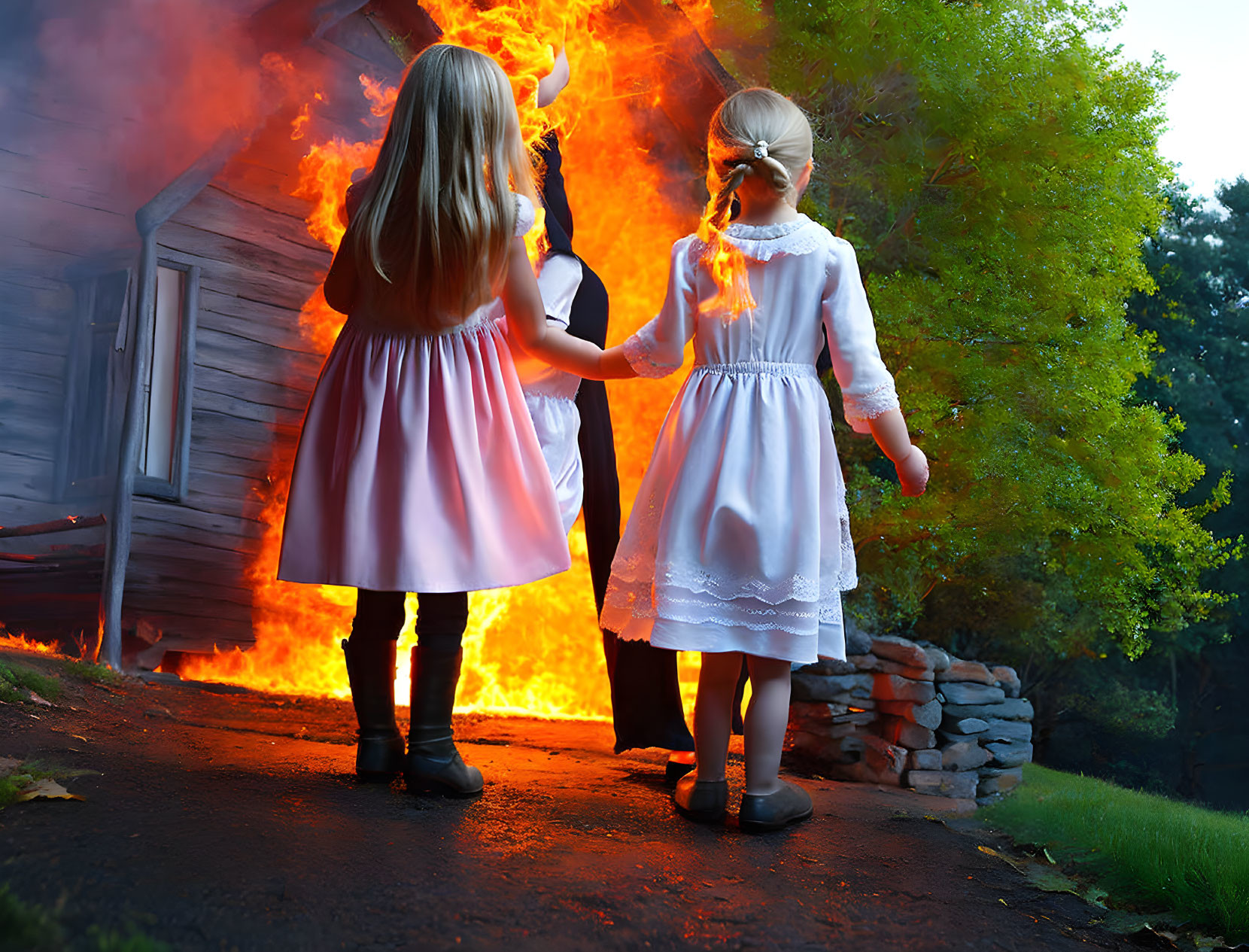 Two girls in dresses holding hands near burning house, one girl's hair on fire