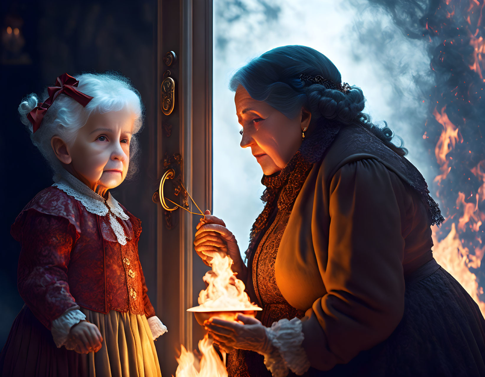 Elderly woman in vintage attire offering glowing flame to young child by night-lit window