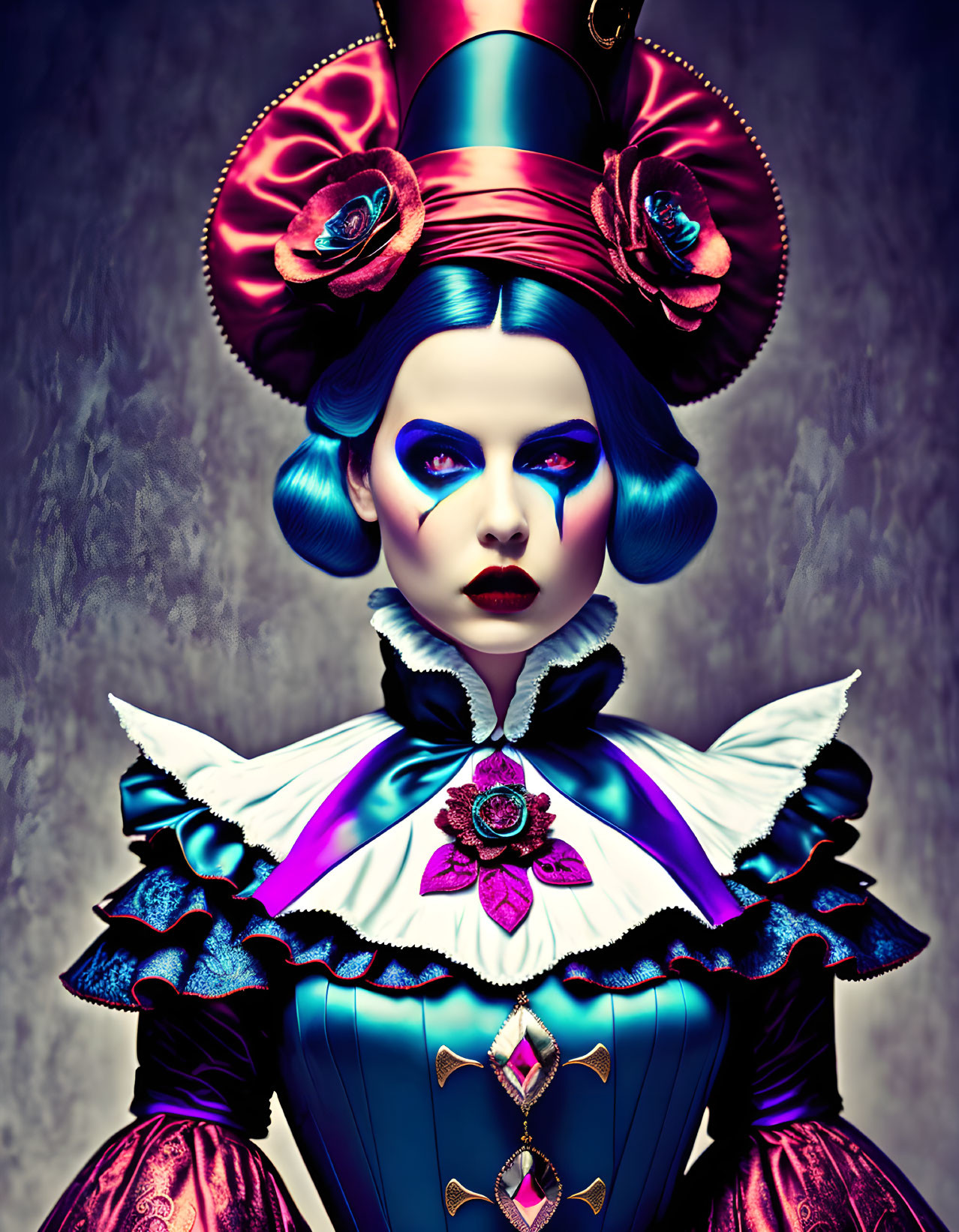 Surreal Woman in Victorian Attire with Blue Hair and Towering Rose Hat