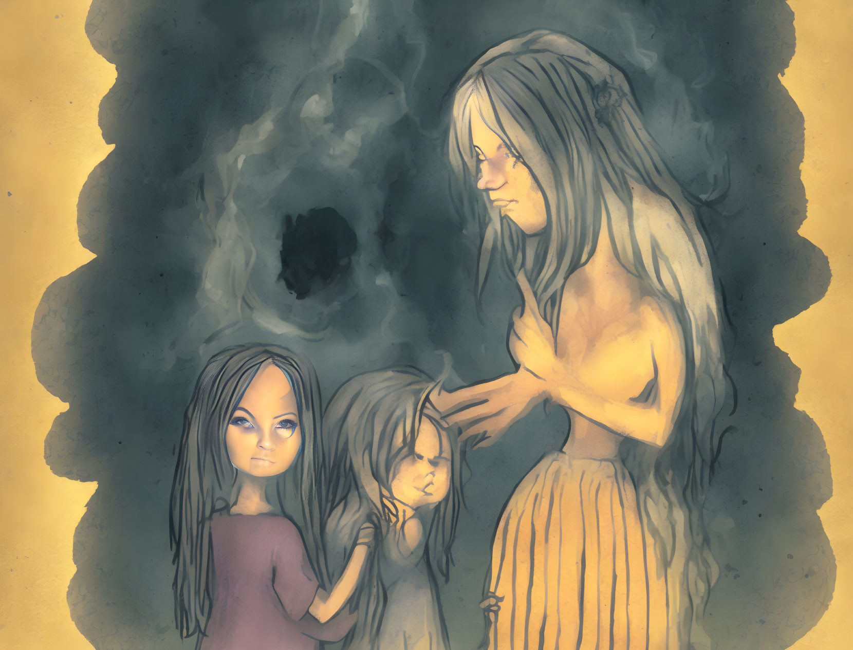 Illustration of three eerie figures on yellow background