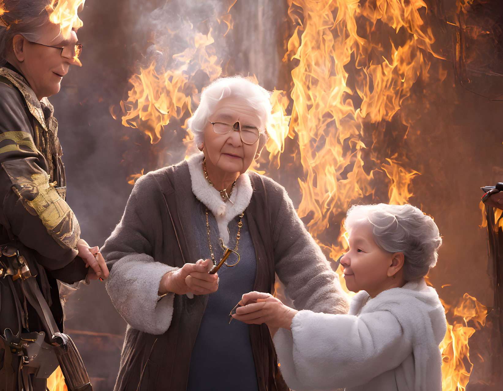 Elderly woman and child exchange looks in flames with smiling man in uniform