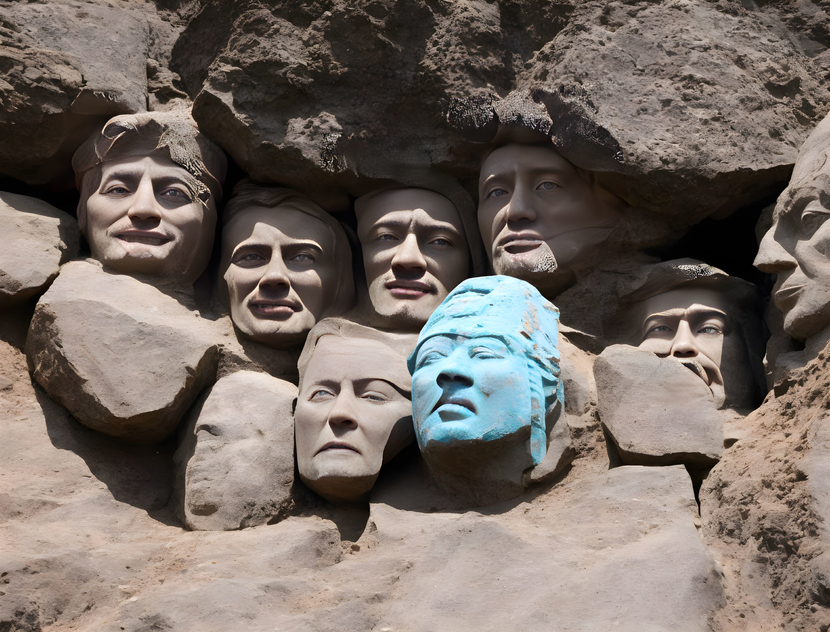 Faces Sculpted in Rock Wall with Varied Expressions