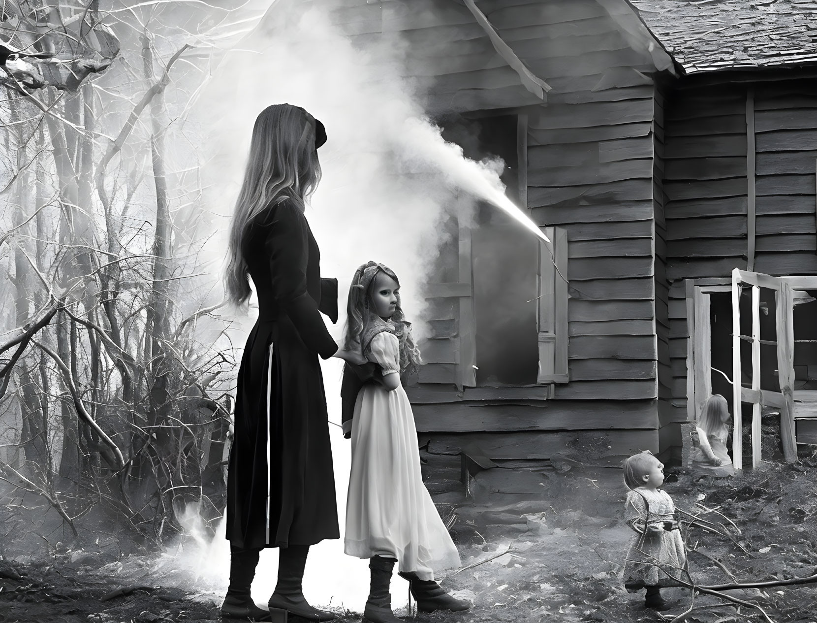 Woman and child near smoking cabin with doll on ground