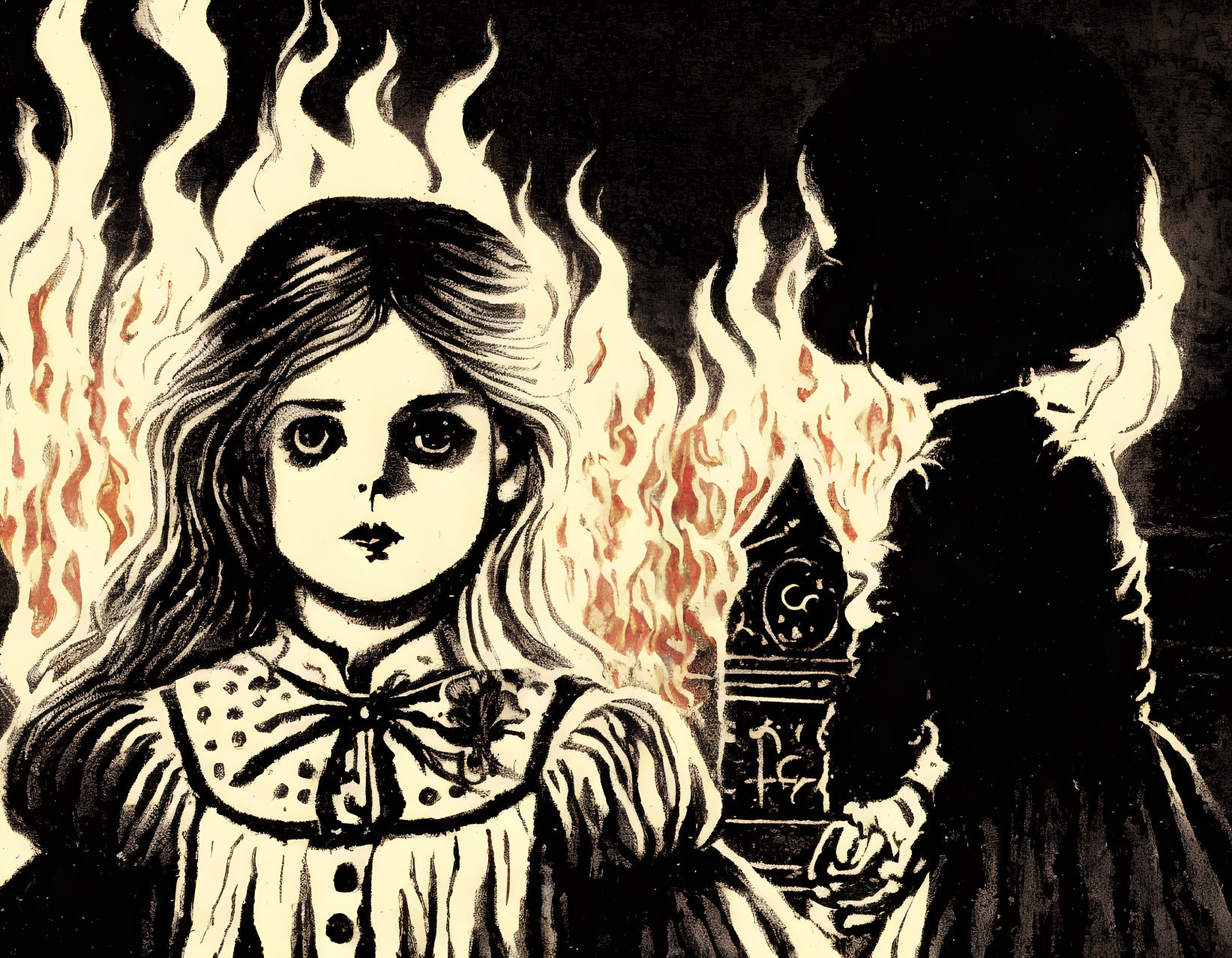 Illustration: Young girl facing mirror with ominous reflection in flames