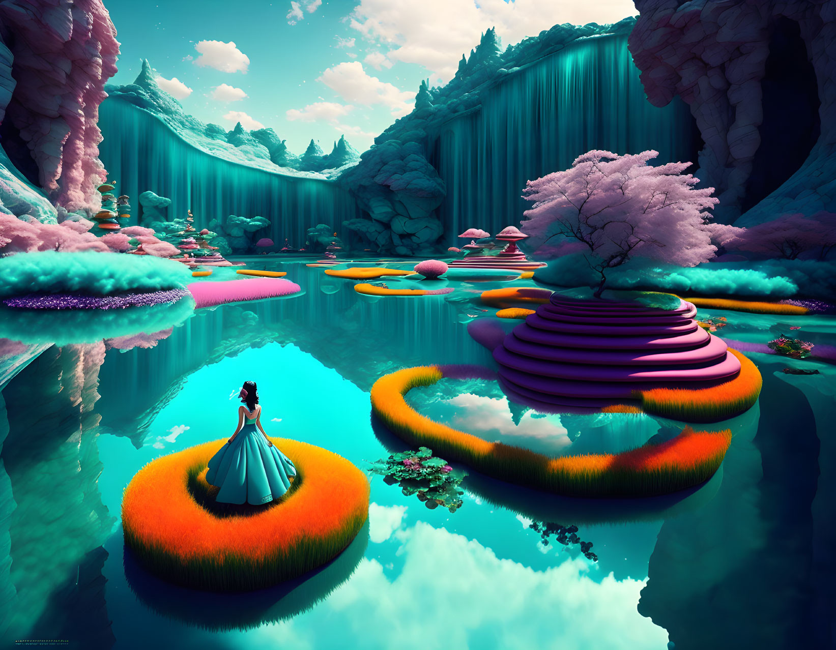 Vibrant surreal landscape with floating islands and woman in dress