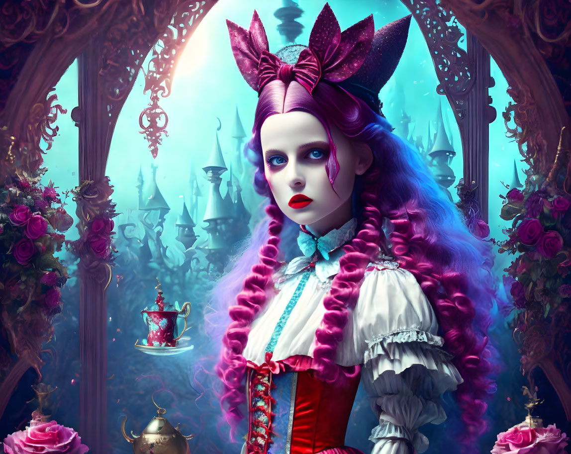 Purple-skinned character in Victorian attire among roses in surreal fairytale scene