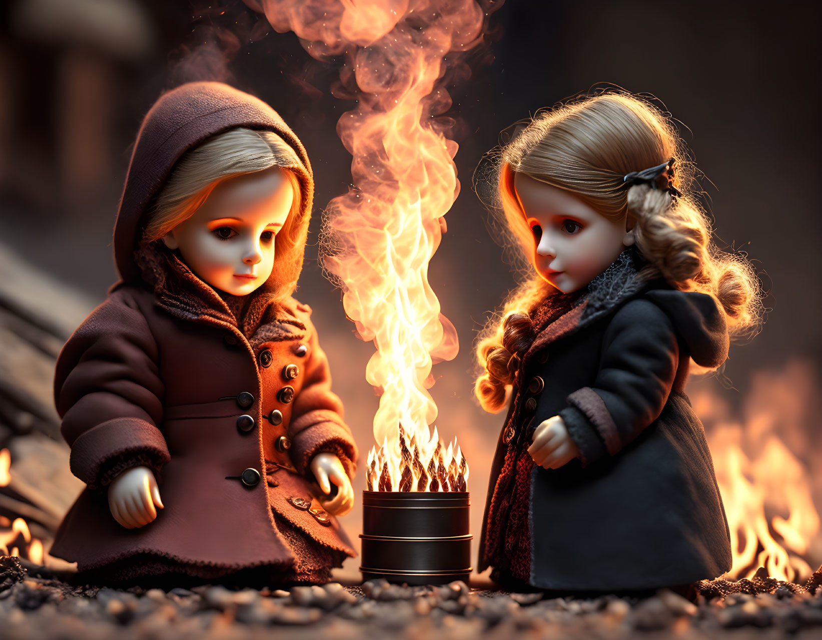 Dolls by small fire in brown and black coats on dusky backdrop