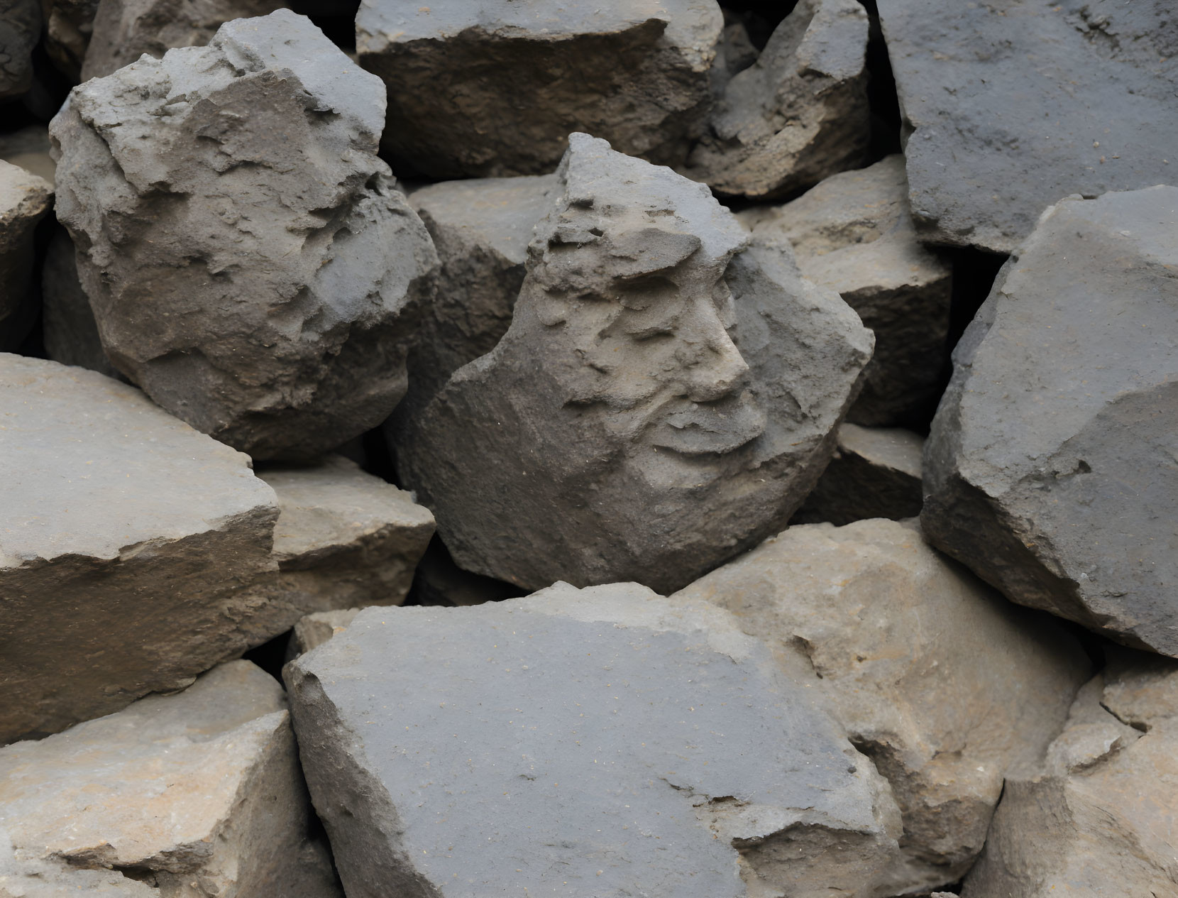 Gray rock pile with carved human face detail.