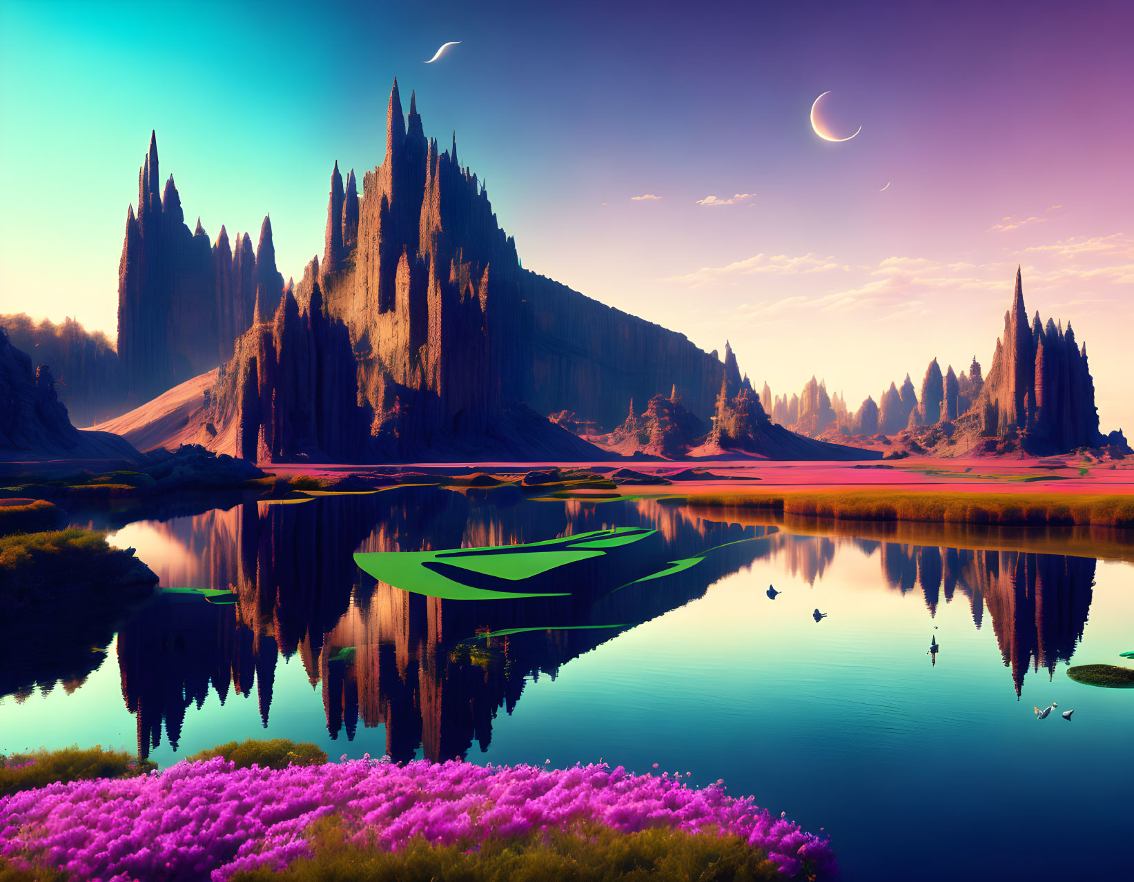 Colorful alien landscape with towering spires, reflective lake, purple flora, and dual moons.