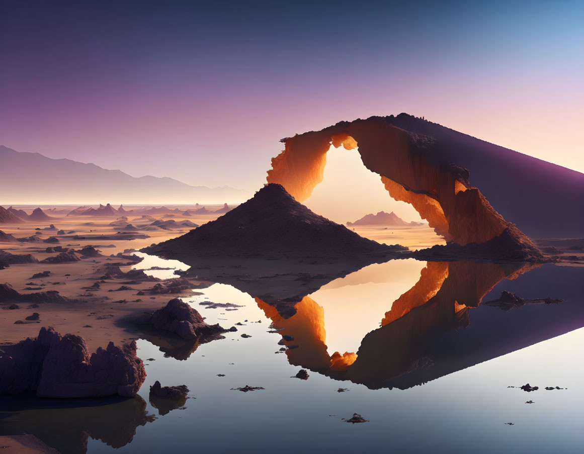 Twilight desert landscape with arched rock formation and reflecting pool