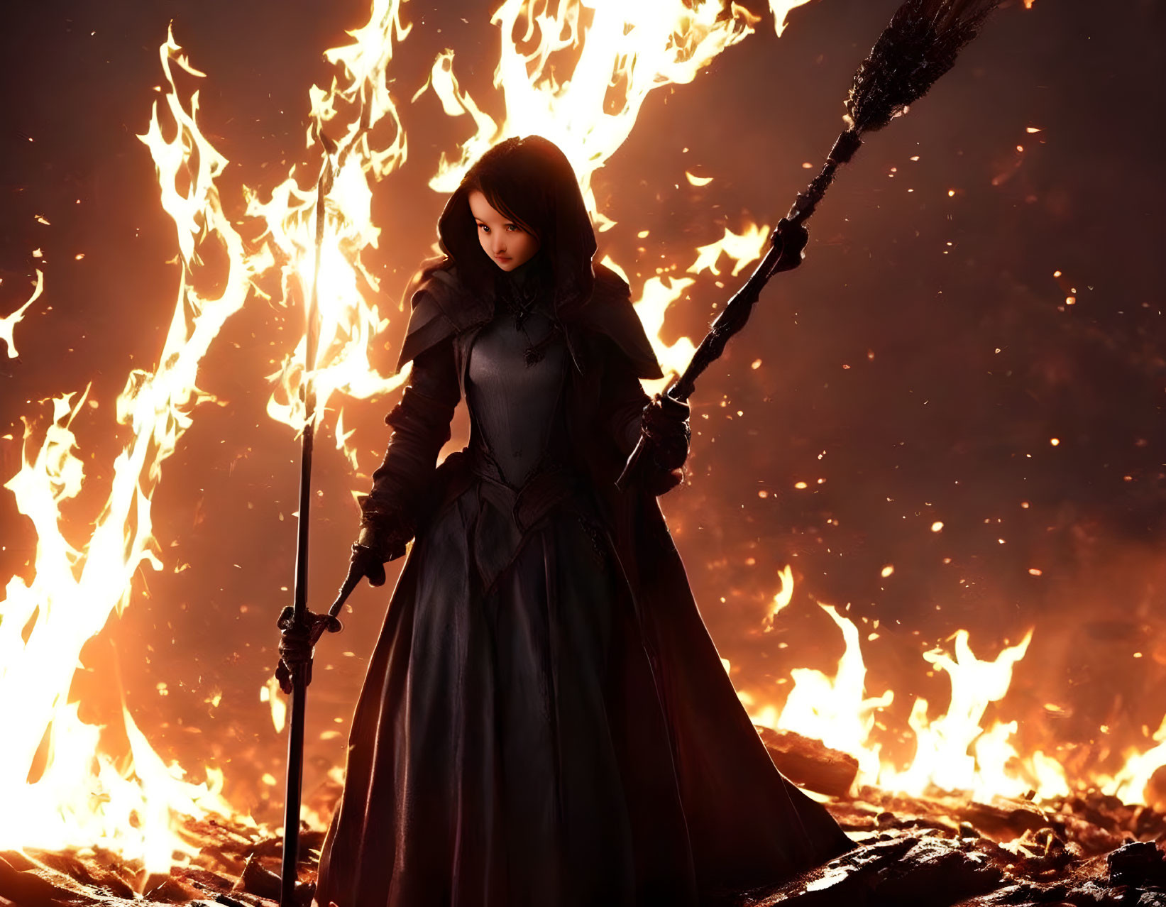 Female warrior in dark cloak holding staff amidst fierce flames