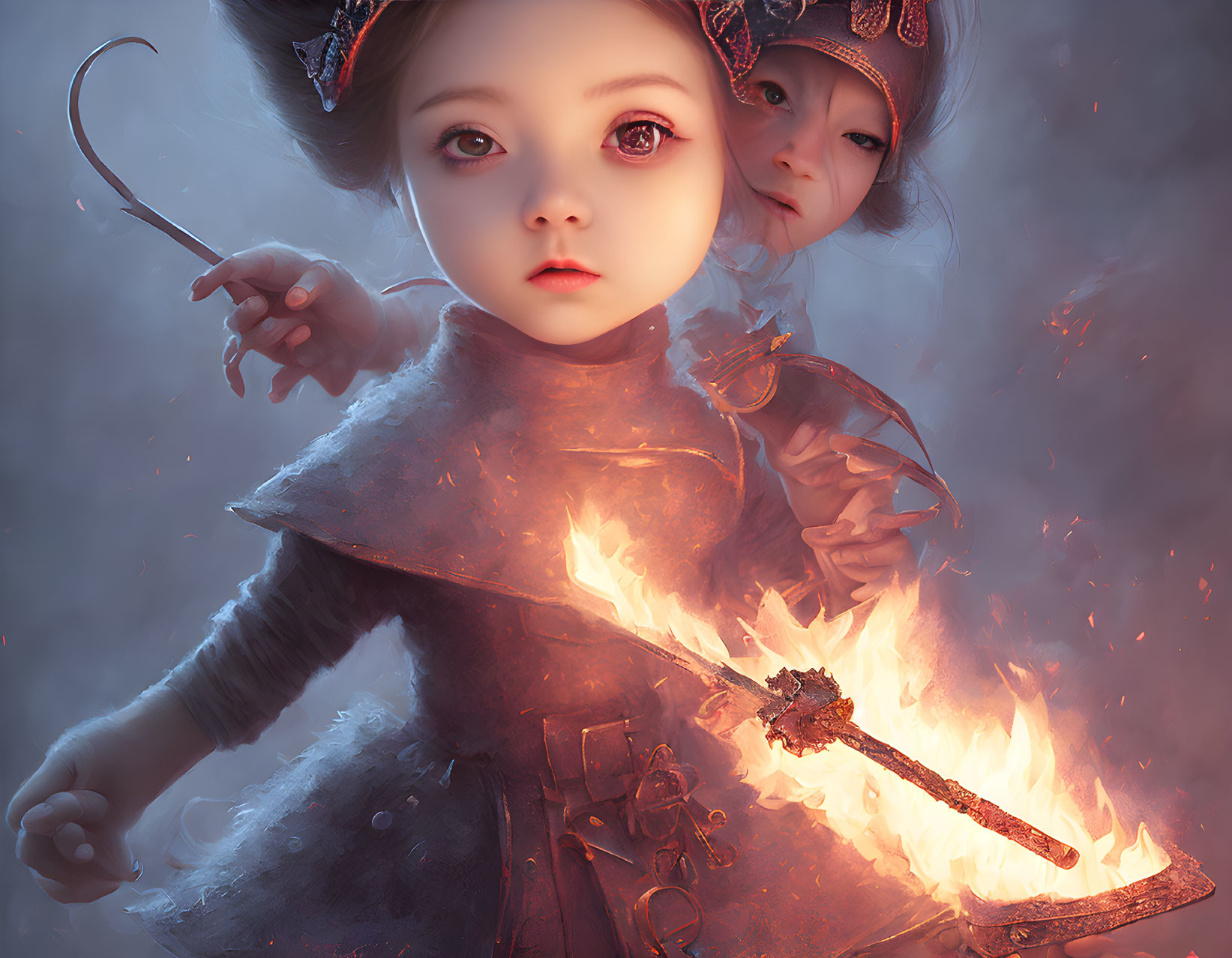 Child warrior with flaming sword and adult figure in dramatic setting.