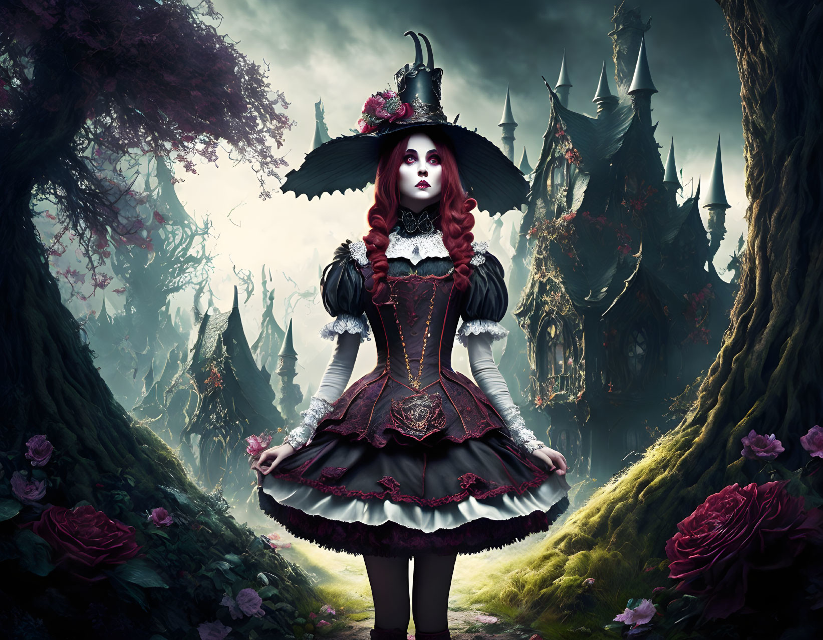 Woman in gothic lolita dress and hat in dark forest with castle and roses