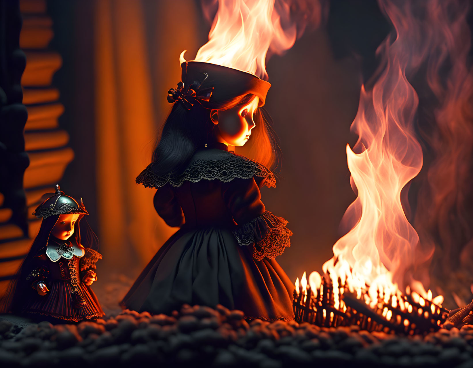 Vintage dolls in fiery scene: one stands with intense gaze, the other smaller, observing.