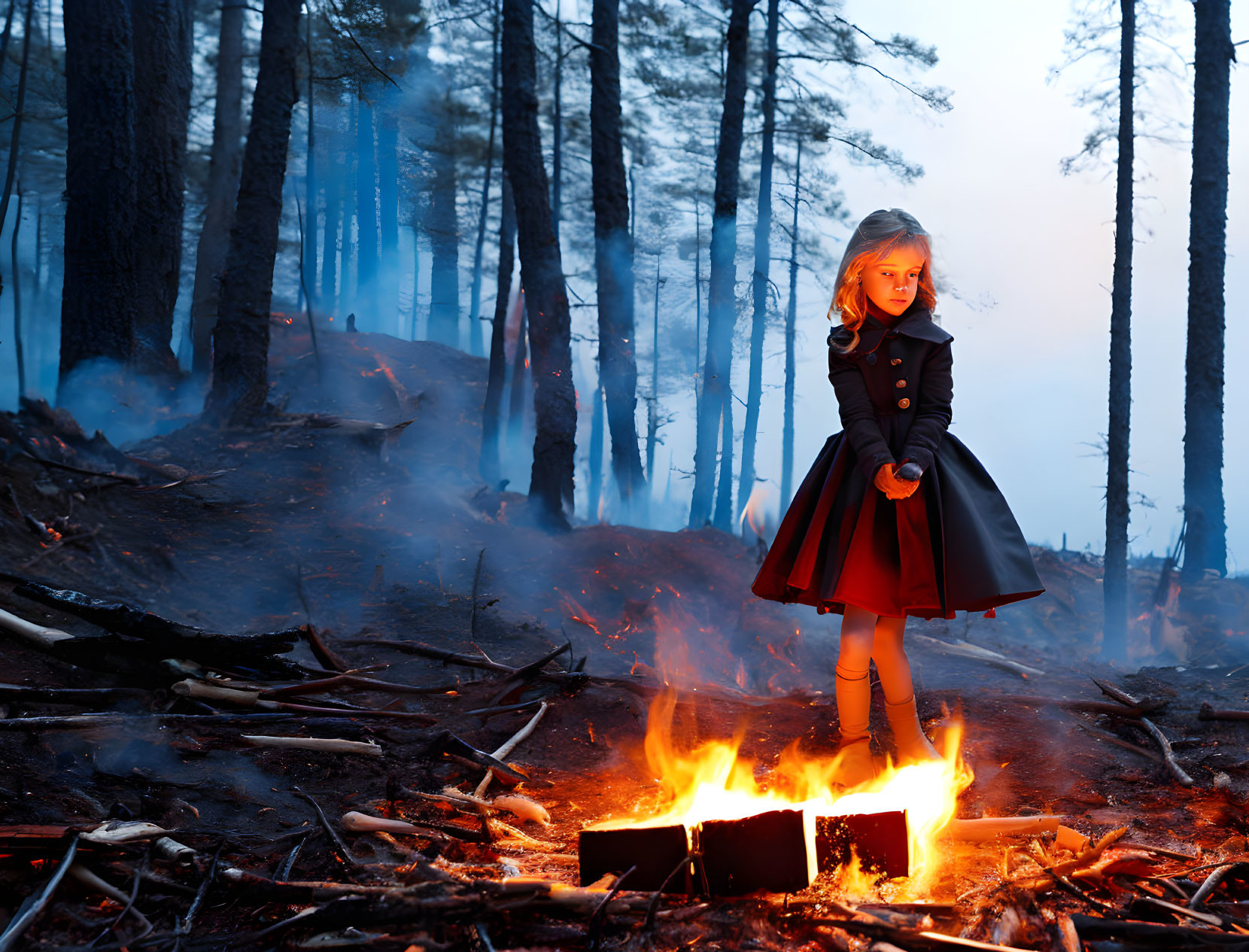 Young girl in black coat near small fire in dusky forest