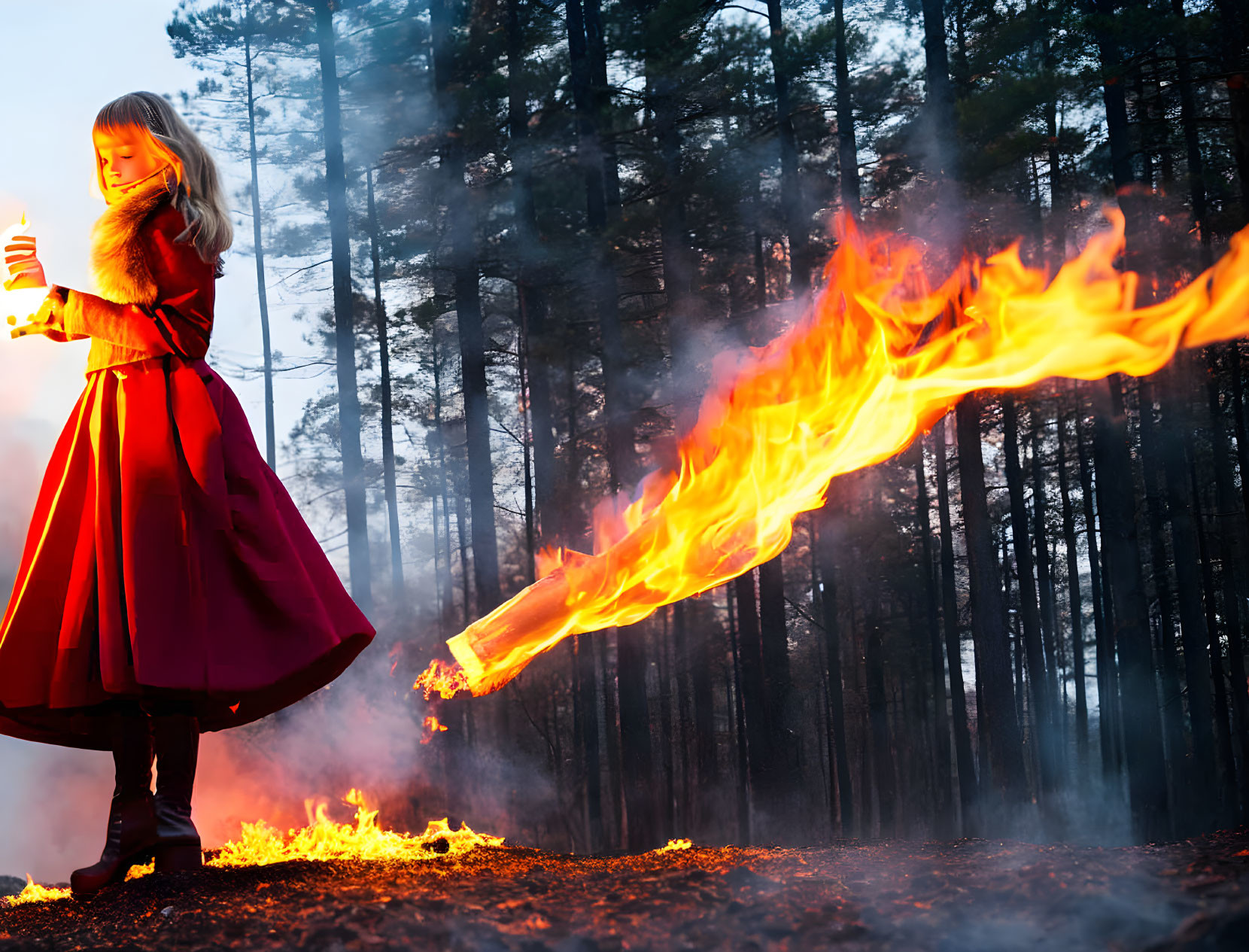 Woman in red dress holding flame in forest with large fire trail