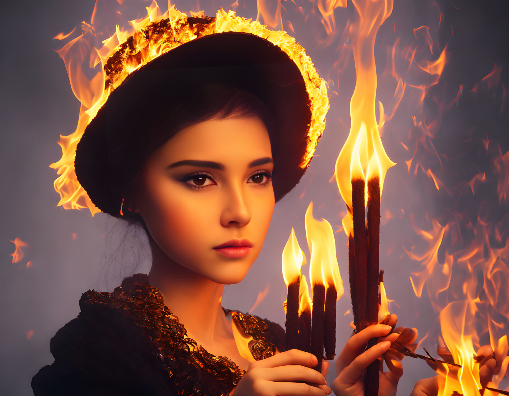 Mystical woman with fiery crown and torches in flames.