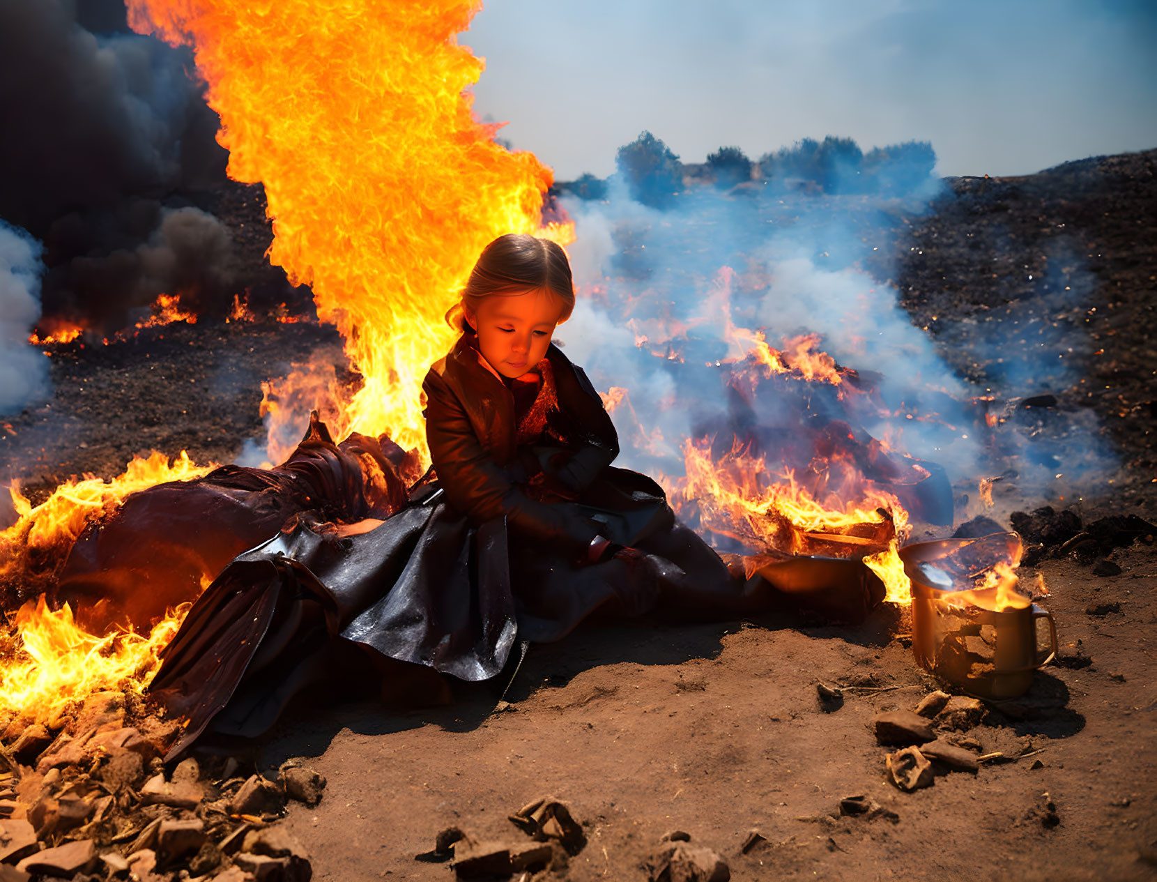 Child in black coat beside fallen adult engulfed in flames and smoke