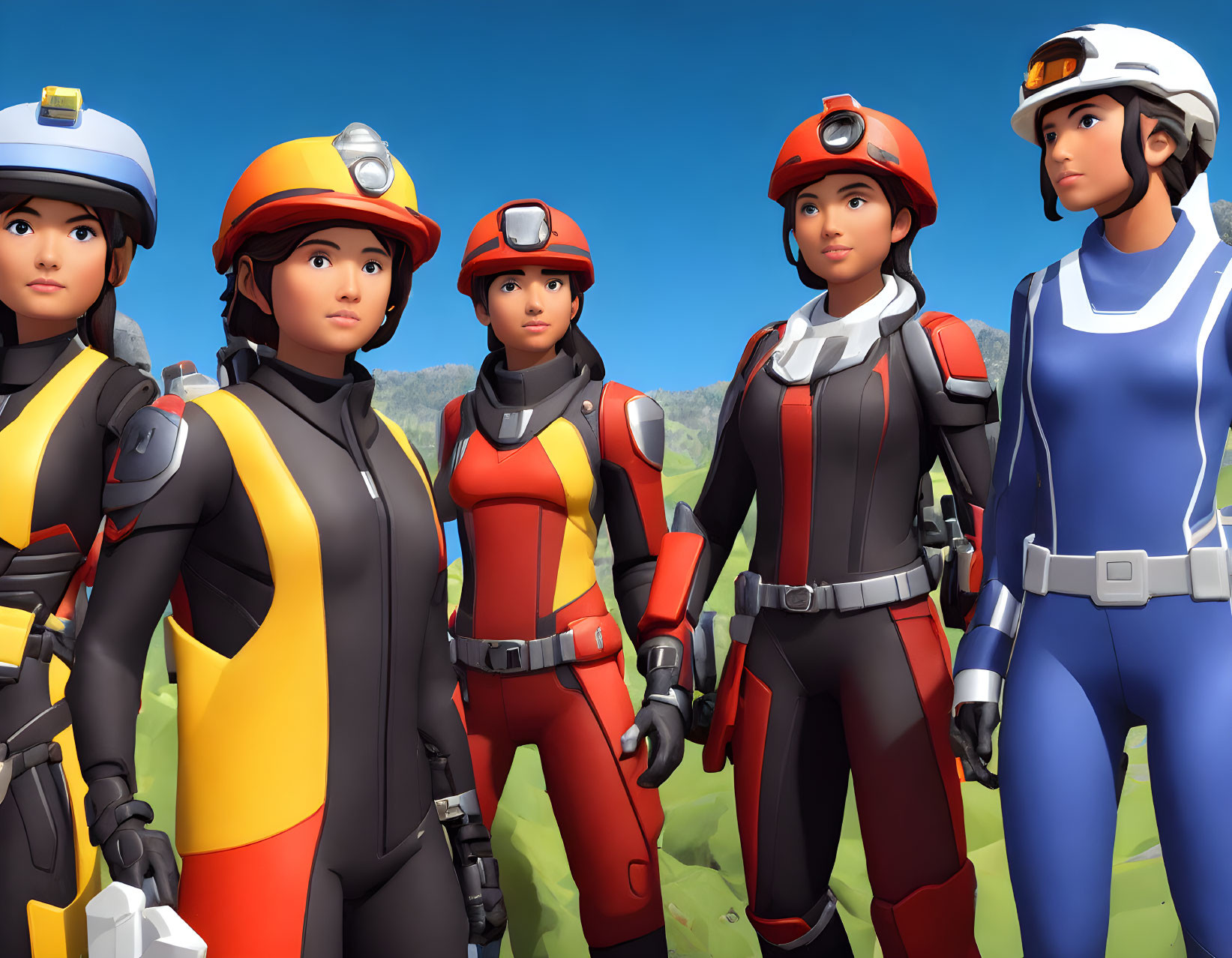 Five Animated Characters in Rescue Uniforms Against Natural Backdrop