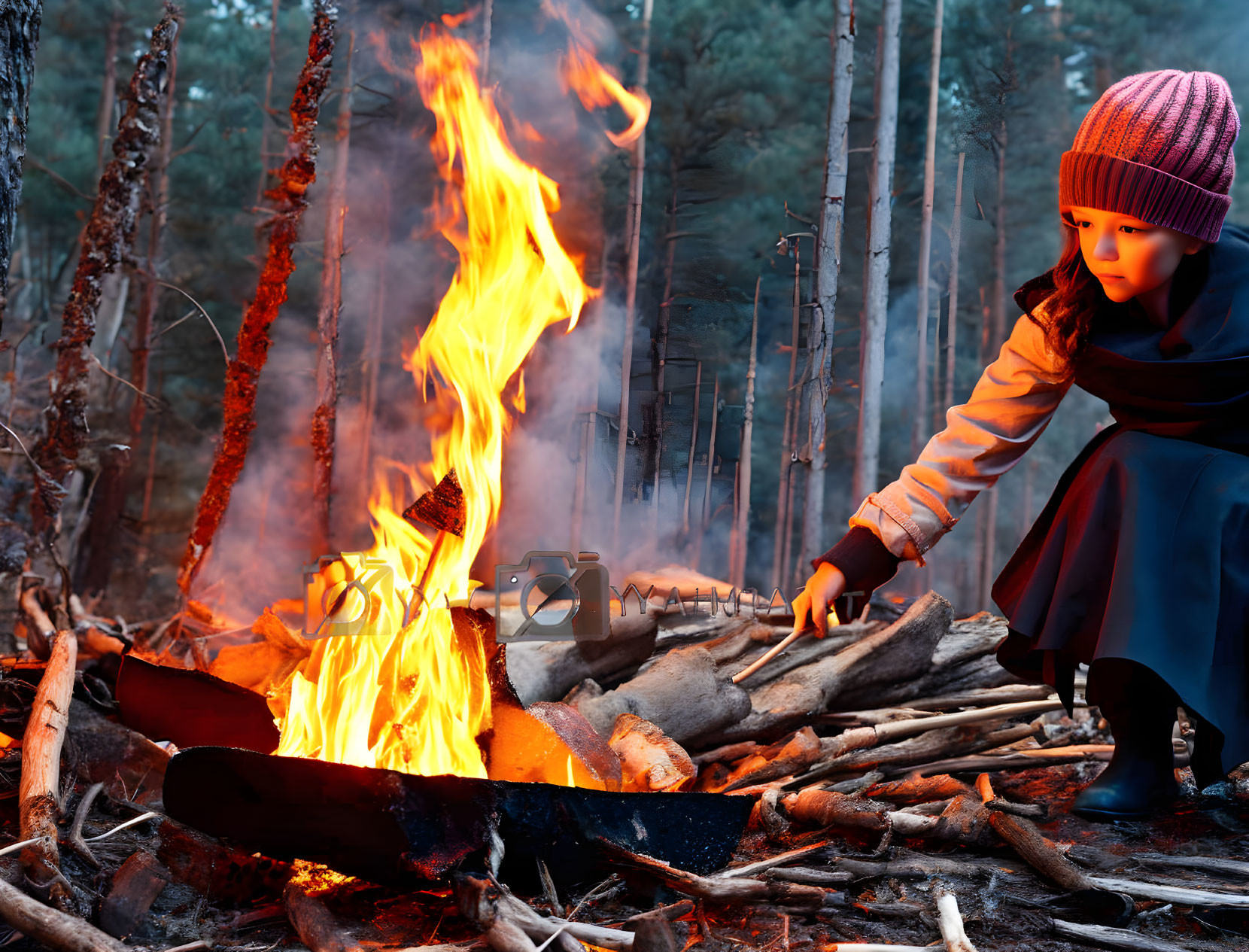 Child tending campfire in forest with camera nearby