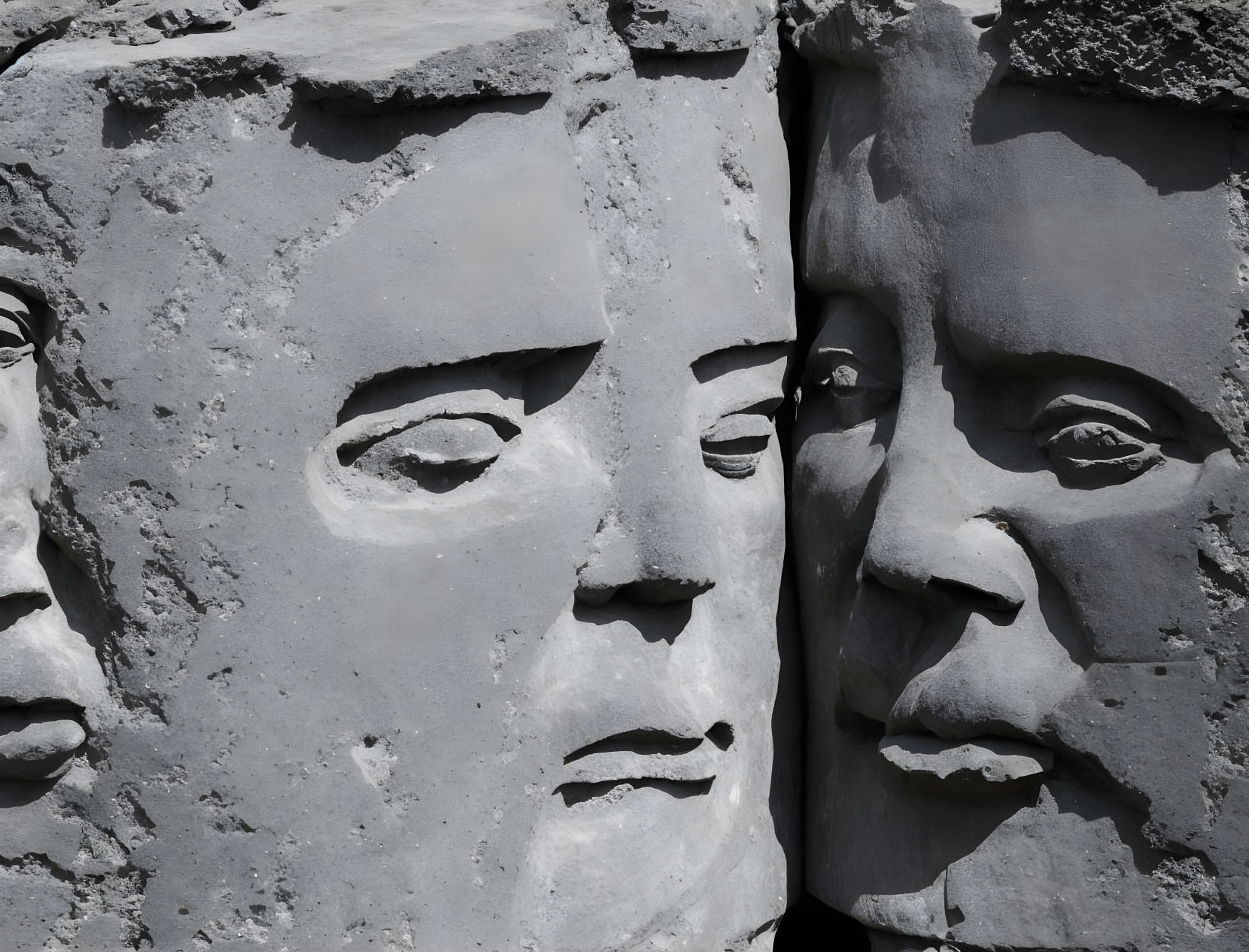 Detailed Close-Up of Sculpture with Multiple Human Faces