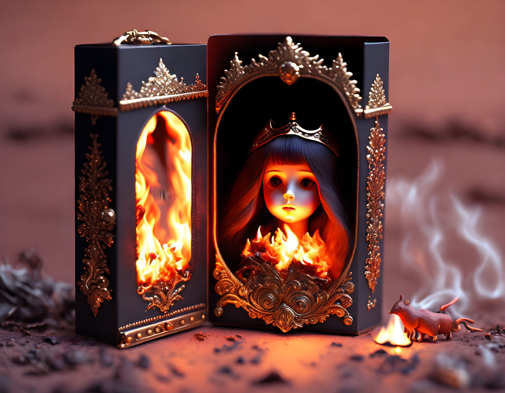 Ornate matchbox with surreal fiery design and girl with glowing eyes surrounded by flames and fire-bre