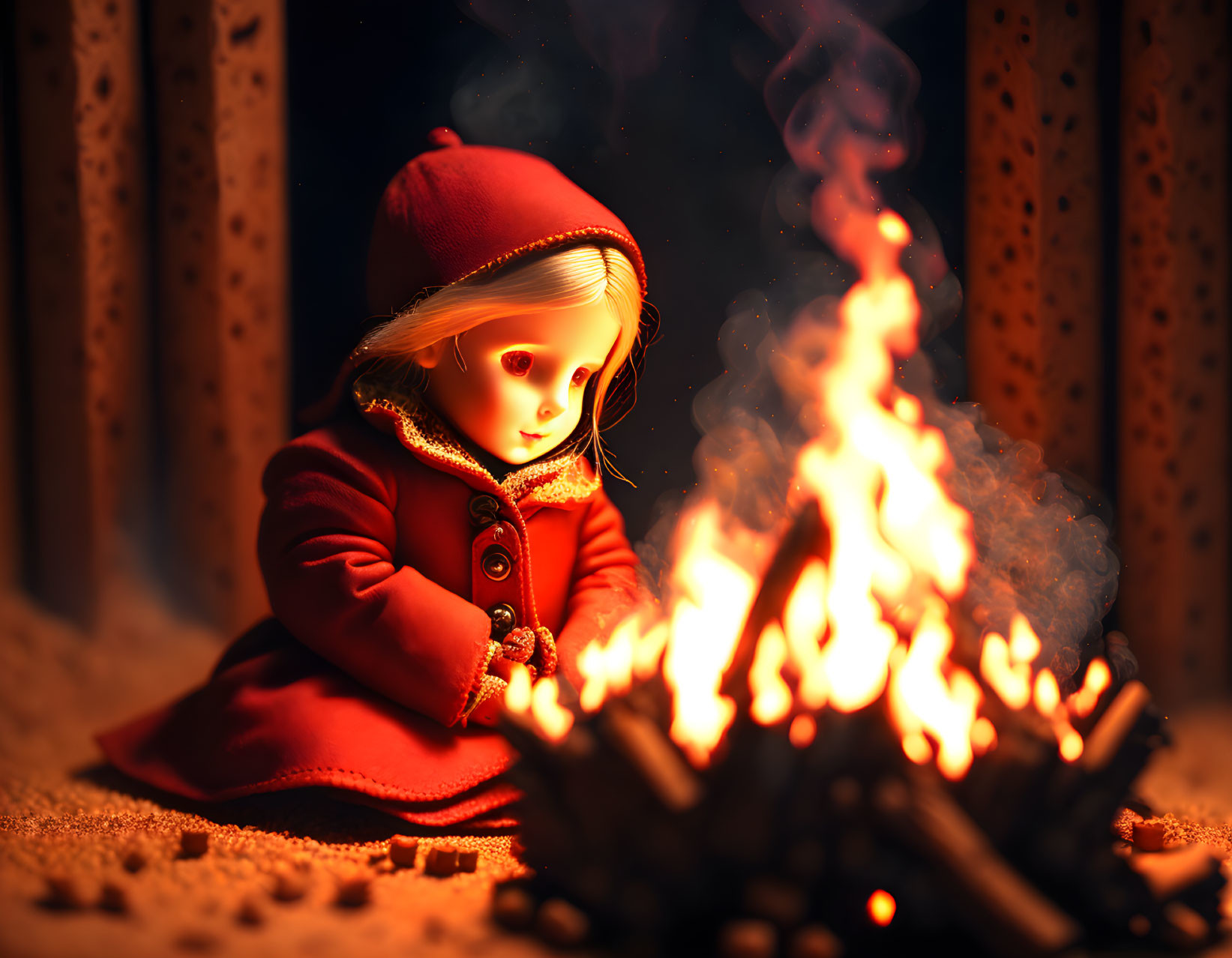 Doll in Red Hooded Cloak by Campfire at Night