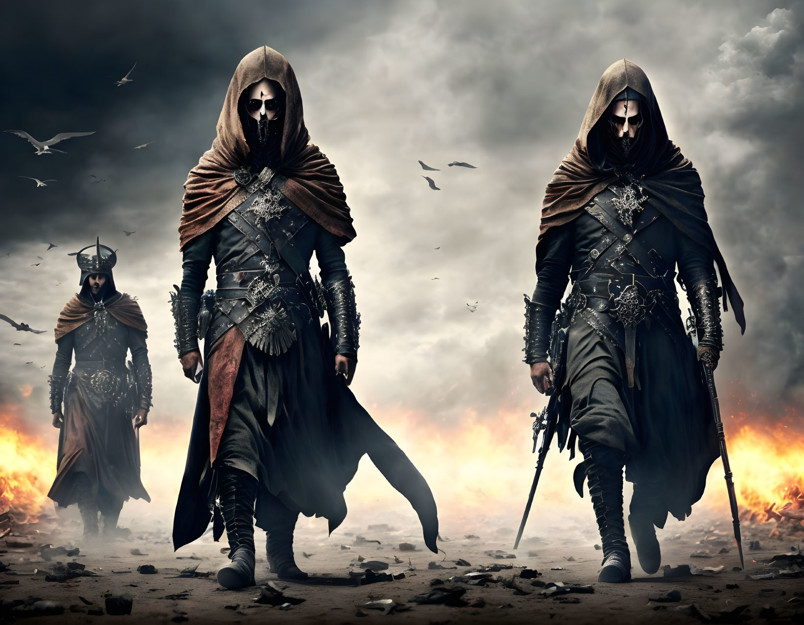 Dystopian battlefield scene with cloaked figures, swords, and ravens