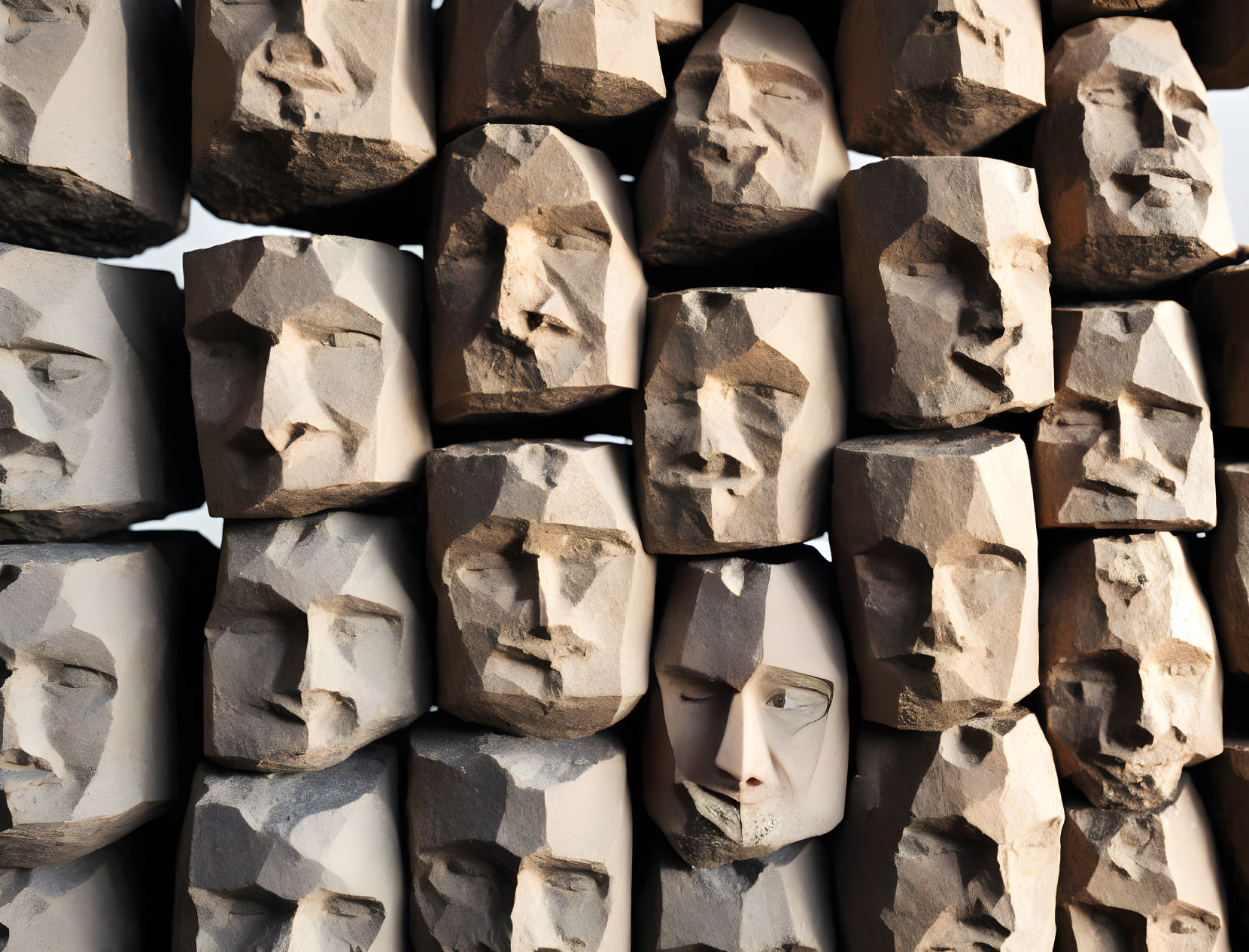 Fragmented Sculpture Faces Arranged in Rows