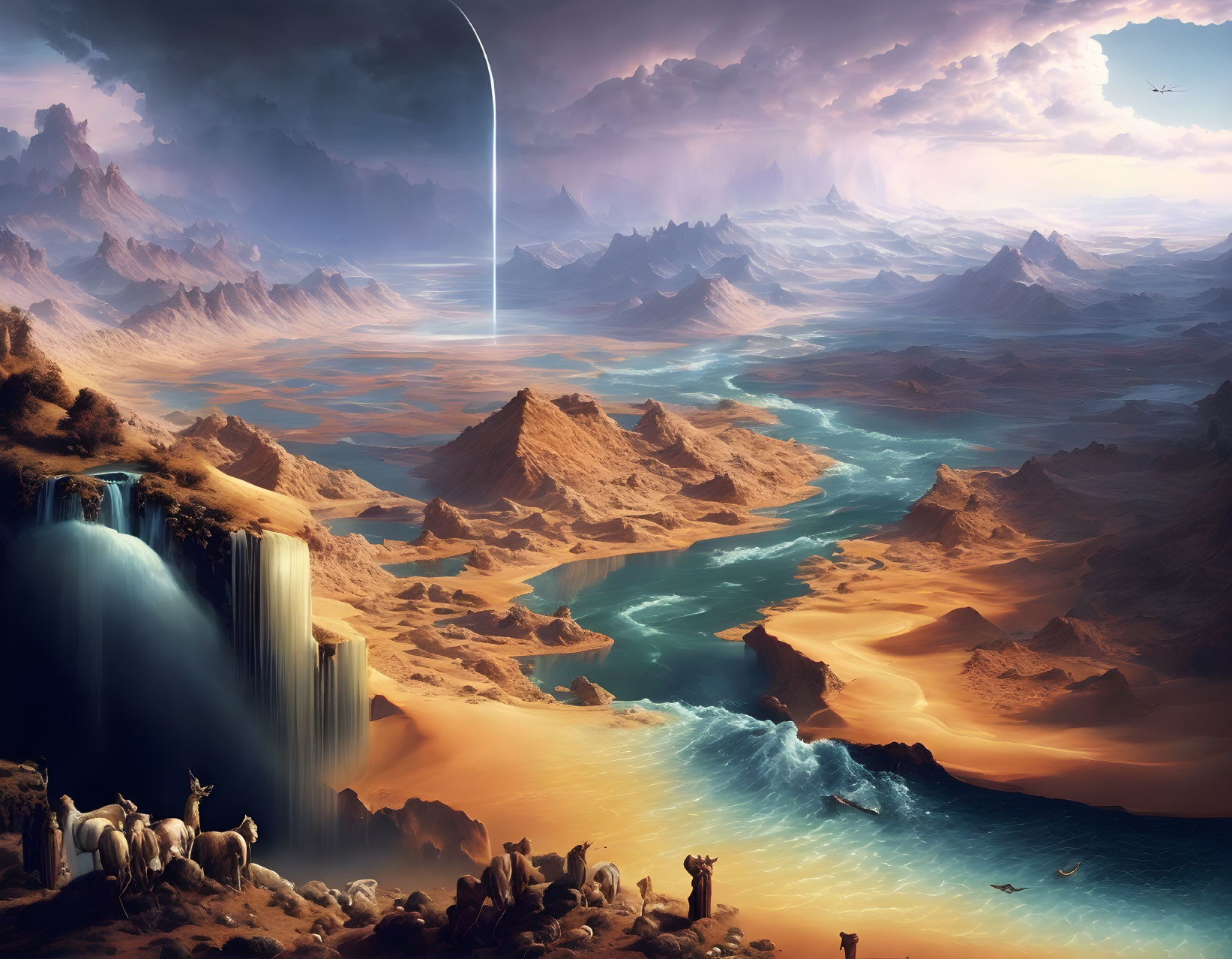 Fantastical landscape with waterfall, river, rock formations, unicorns, and mountains