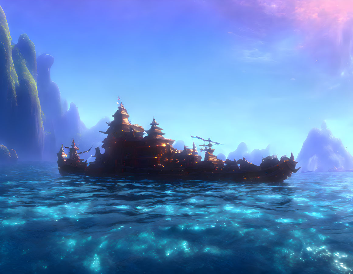 Ornate ships on iridescent sea with blue and purple sky and rock formations