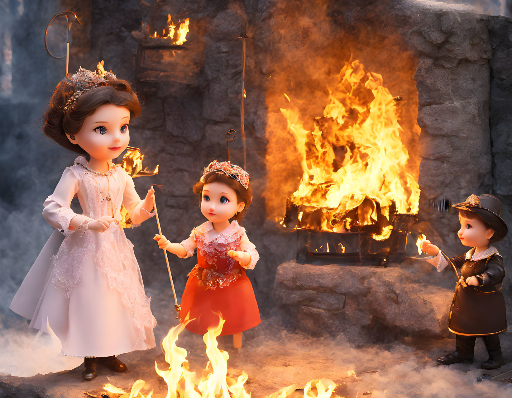 Regal attire dolls by fireplace with roaring fire.