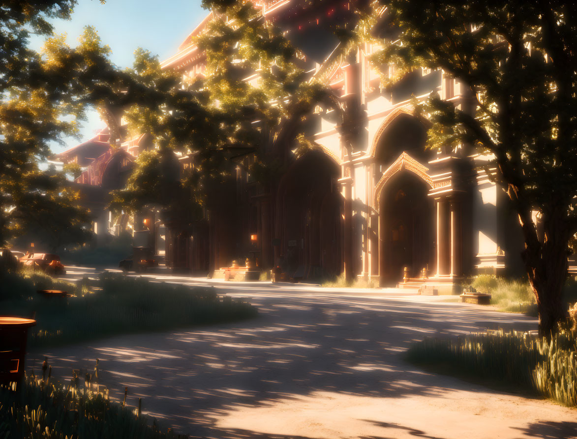 Sunlit Gothic-style street with shadowy trees and golden haze