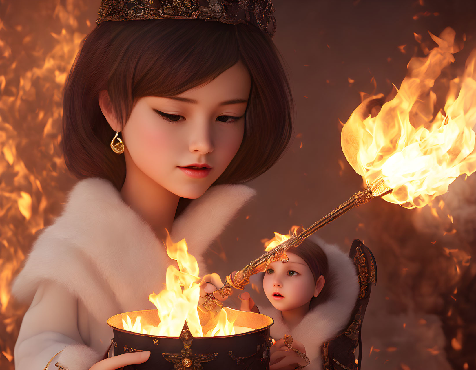 Ornately dressed woman ignites bowl with flaming wand, small figure in awe amidst fiery backdrop