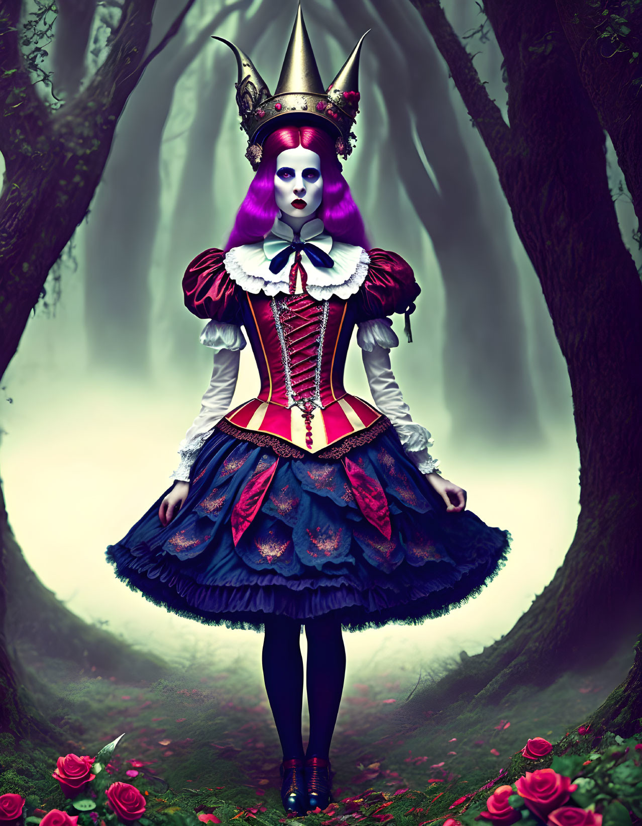 Elaborate Queen Costume with Crown in Mystical Forest surrounded by Roses