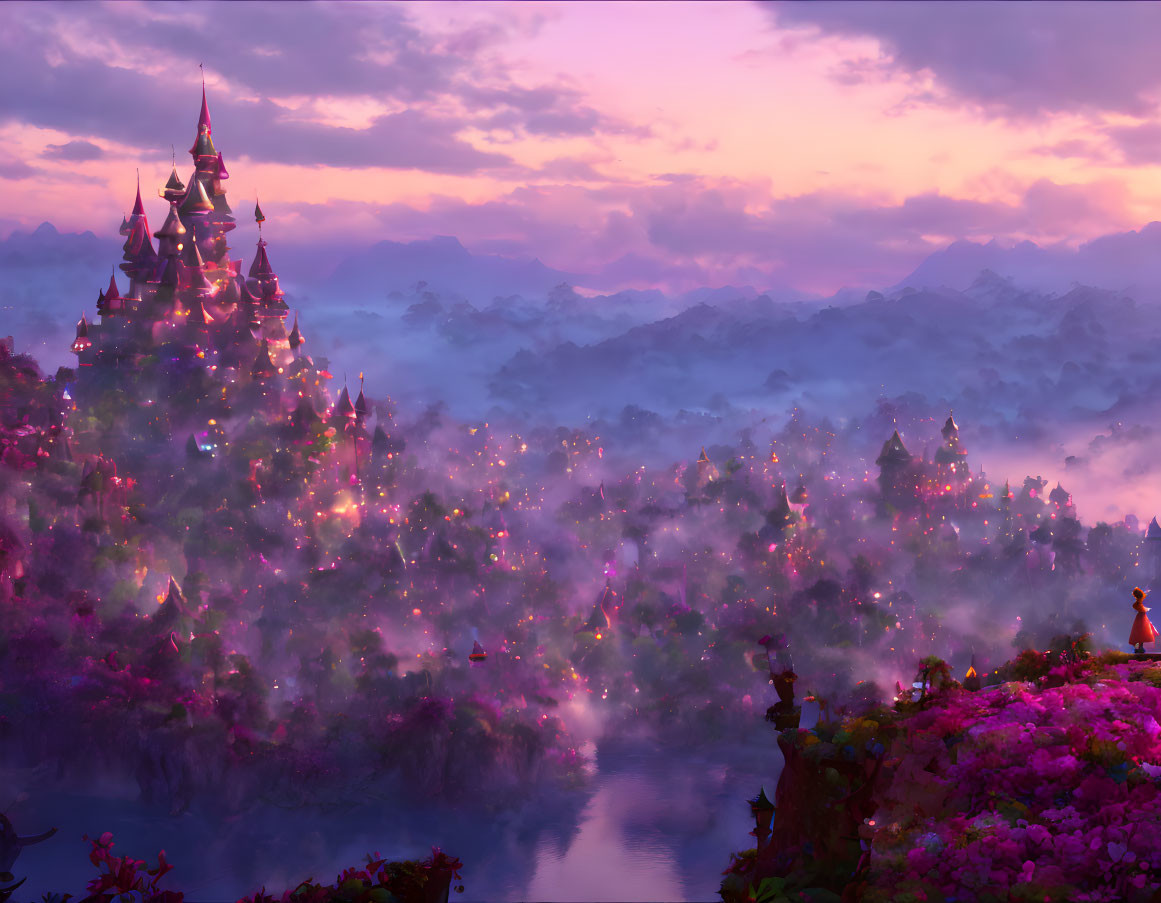 Twilight landscape with grand castle, lush forests, and floating lanterns