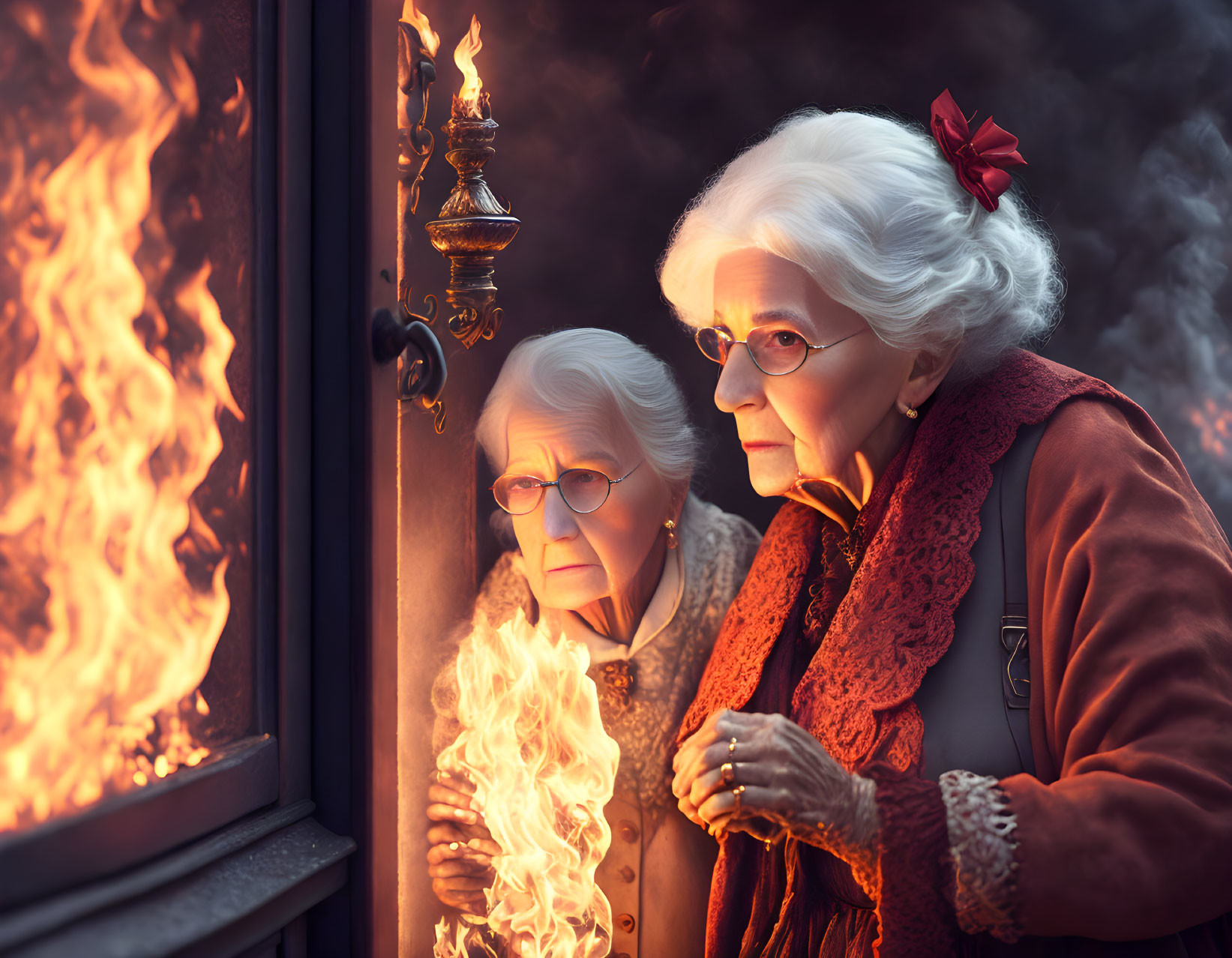 Elderly woman gazes into lit fireplace with reflection on glass