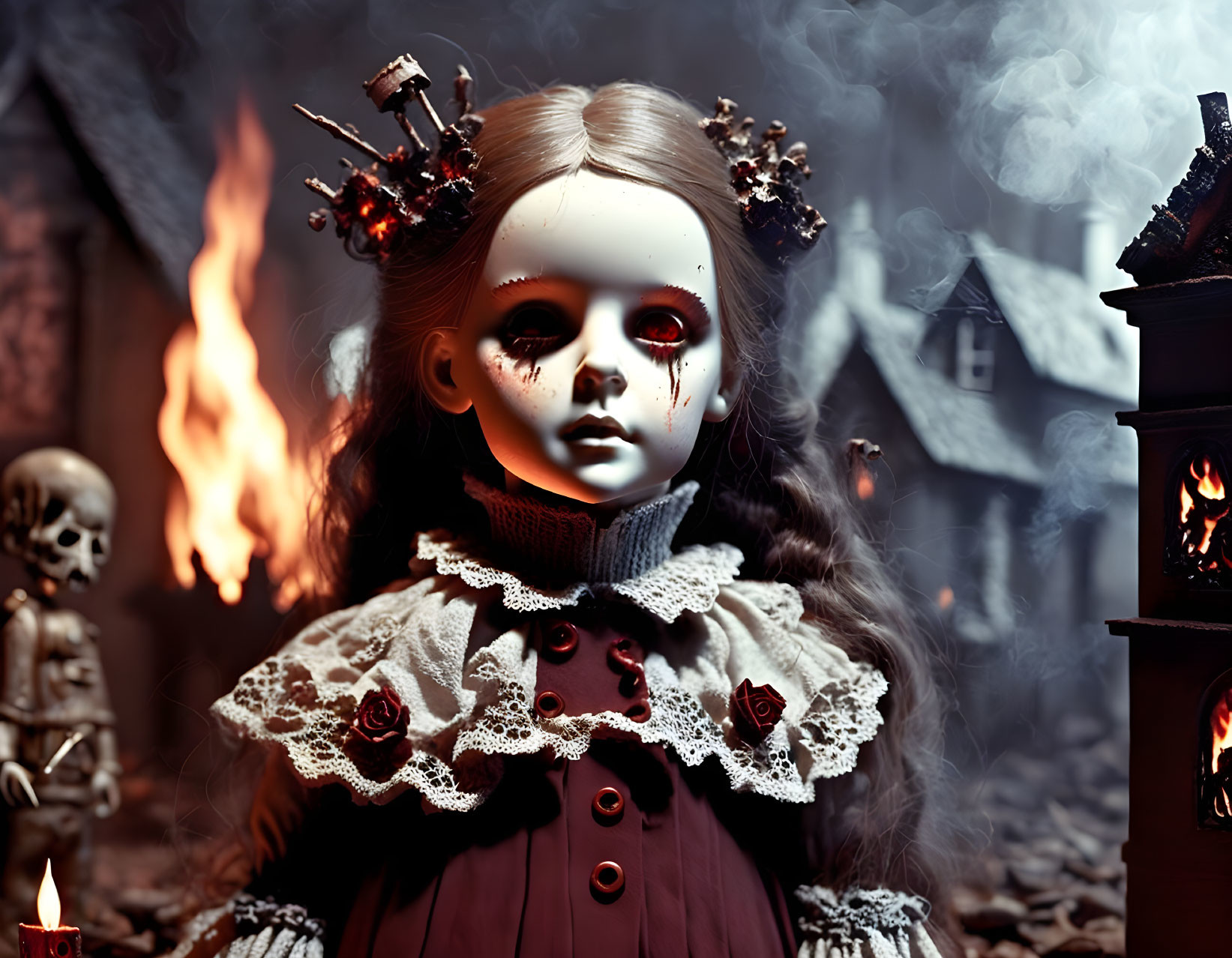 Creepy Victorian doll with blood-like markings in haunted scene